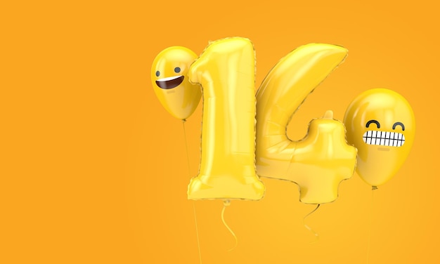 Number 14 birthday ballloon with emoji faces balloons 3D Render