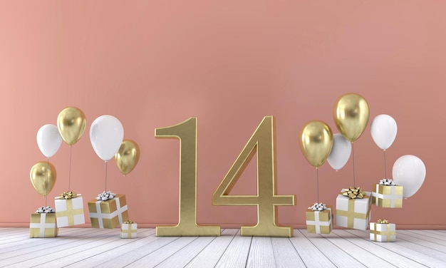 Number 14 birthday party composition with balloons and gift boxes 3D Rendering