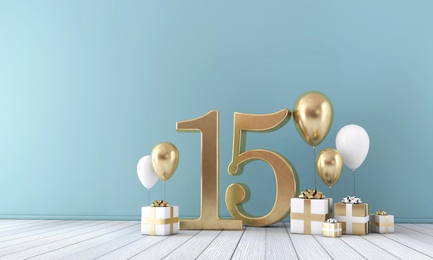 Number 15 party celebration room with gold and white balloons and gift boxes 3D Rendering