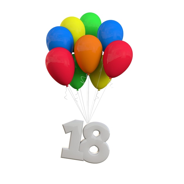 Number 18 party celebration Number attached to a bunch of balloons 3D Rendering