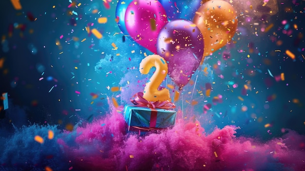 number 2 birthday balloon gift box and a vibrant explosion