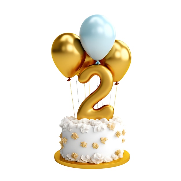 Number 2 birthday cake with golden balloons and white cream 3D Render