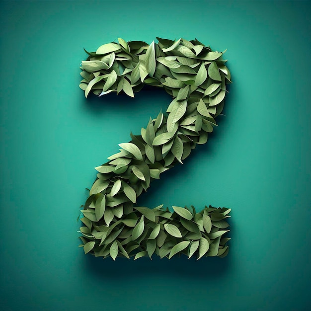 The number 2 made out of leaves on a teal background photorealistic