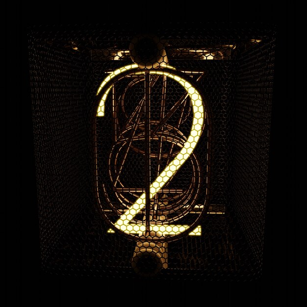 Number 2 Nixie tube indicator closeup quality render Retro style 3D rendering