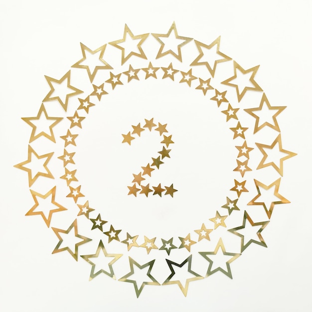 Number 2 Retro poster with golden number and stars around on white background Greeting card for your celebration concept