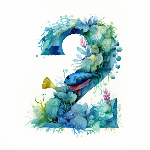Number 2 Watercolor hand drawn illustration isolated on white background