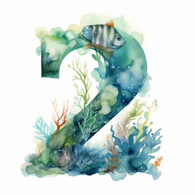 Number 2 Watercolor hand drawn illustration isolated on white background