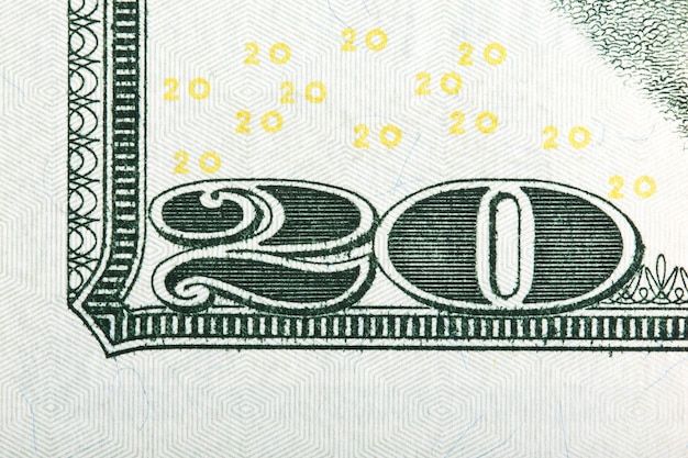 写真 20 番米国 20 紙幣の断片極端なマクロ写真