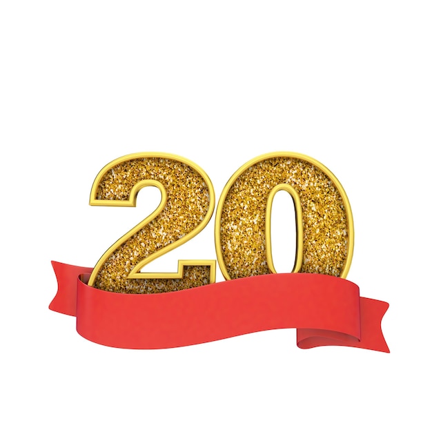 Number 20 gold glitter celebration with a red scroll banner 3D Render