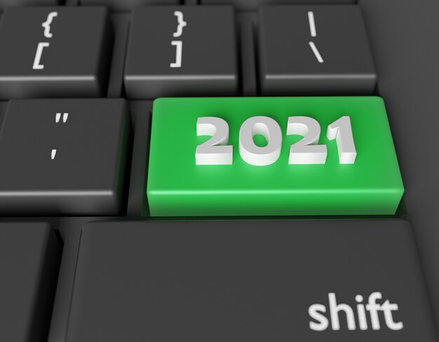 Number 2021 on a computer keyboard. New Year image on a computer key Enter