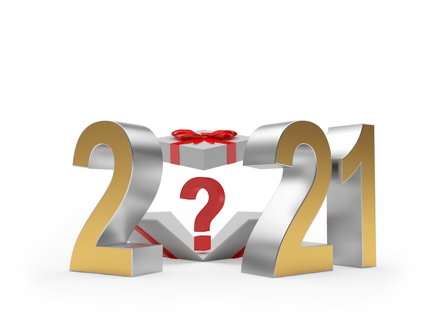 Number 2021 and gift box with a question mark