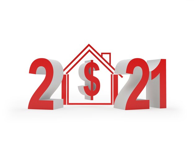 Number 2021 and house icon with dollar sign 3d