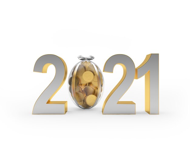 Number 2021 with an egg filled with coins.