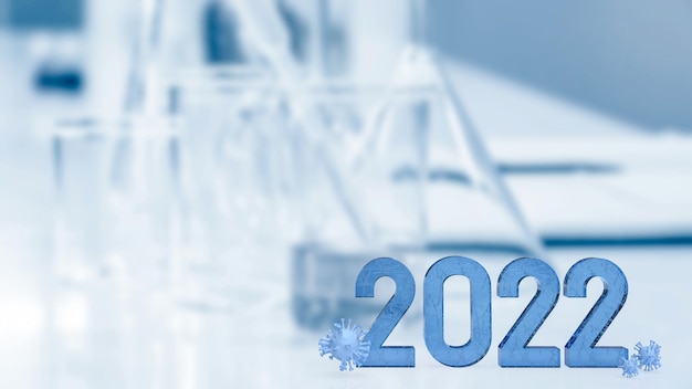 Il numero 2022 e il virus sullo sfondo del laboratorio per il rendering 3d del concetto di sci