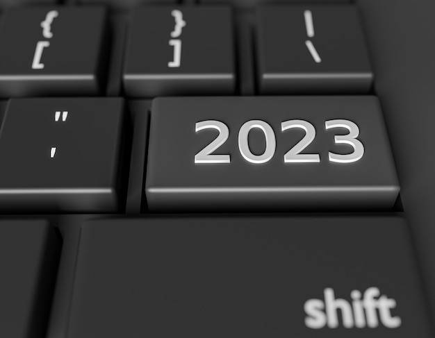 Number 2023 on a computer keyboard New Year image on a computer key Enter