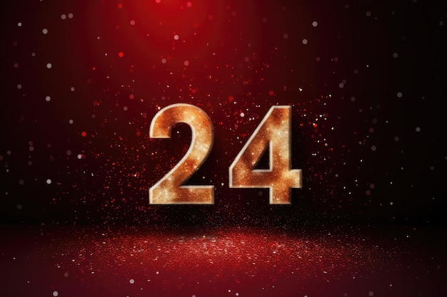 Photo number 24 on festive christmas red shiny background with copy space new year 2024 concept