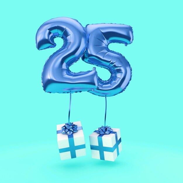 Number 25 birthday celebration foil helium balloon with presents 3D Render