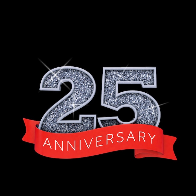 Номер 25 серебряный сверкающий баннер празднования годовщины 3D Render