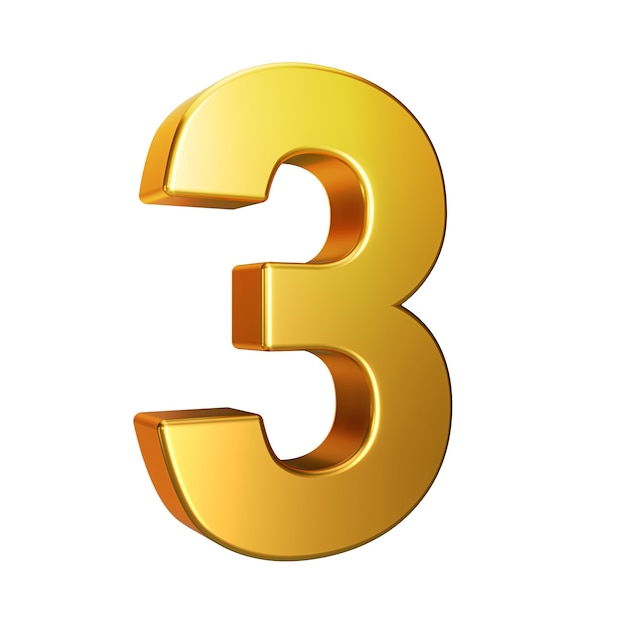 Number 3, Alphabet. Golden 3d number isolated on a white background with Clipping Path. 3d illustration.