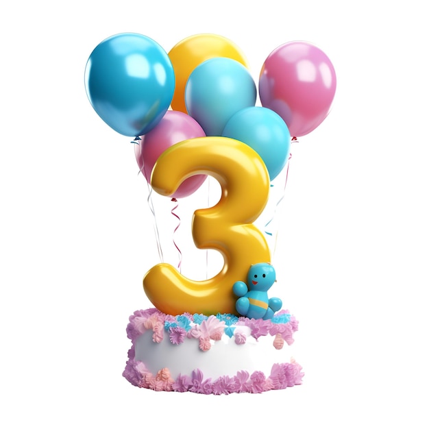 Foto torta di compleanno numero 3 con orso blu e palloncini isolati su sfondo bianco