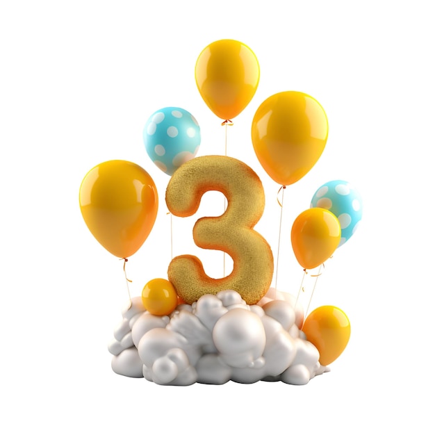 Number 3 birthday celebration decoration with balloons and clouds 3D Render