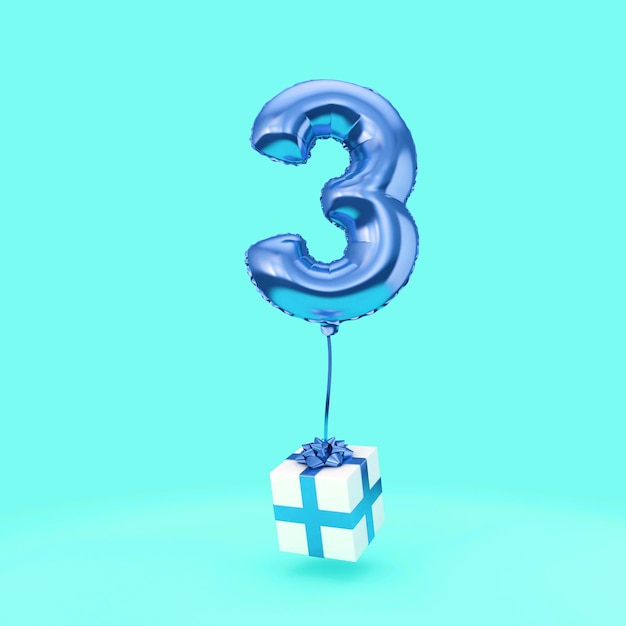 Number 3 birthday celebration foil helium balloon with presents 3D Render