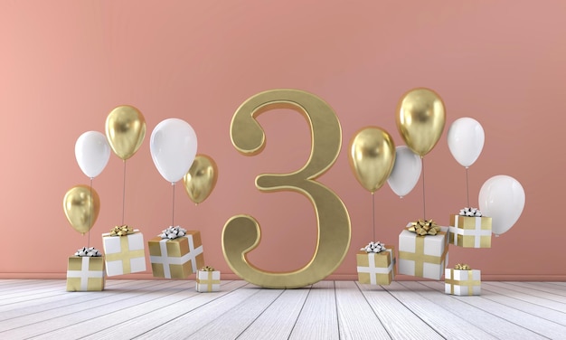 Number 3 birthday party composition with balloons and gift boxes 3D Rendering