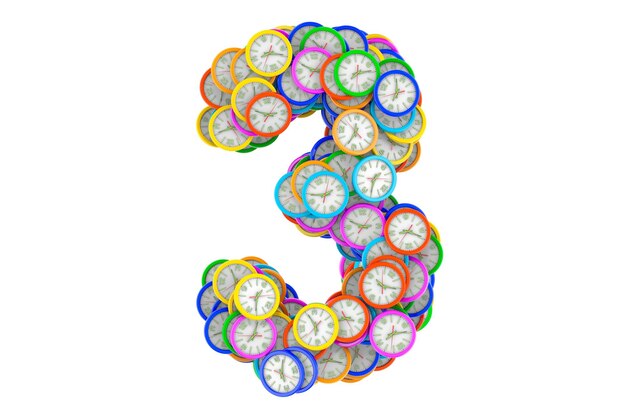 Number 3 from colored wall clocks 3D rendering