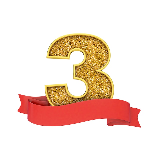 Foto celebrazione glitter oro numero 3 con un banner a scorrimento rosso 3d render