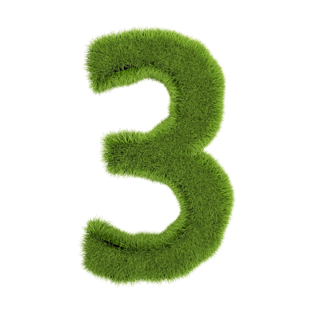 Number 3, made of grass isolated on white background. Symbol covered green grass. Eco letter. 3d illustration.