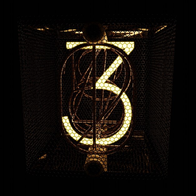 Number 3 Nixie tube indicator closeup quality render Retro style 3D rendering