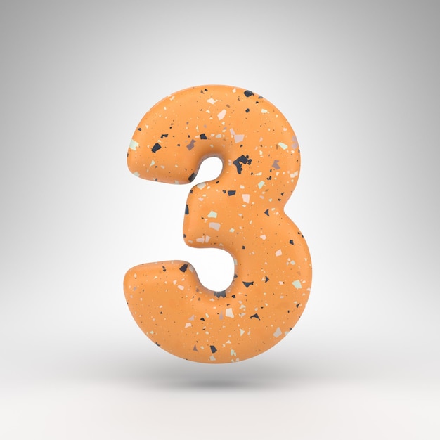 Number 3 on white background. 3D rendered number with orange terrazzo pattern texture.