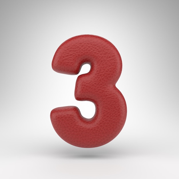 Number 3 on white background. Red leather 3D number with skin texture.