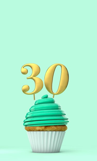 번호 30 민트 그린 생일 축하 컵케익 3D 렌더링