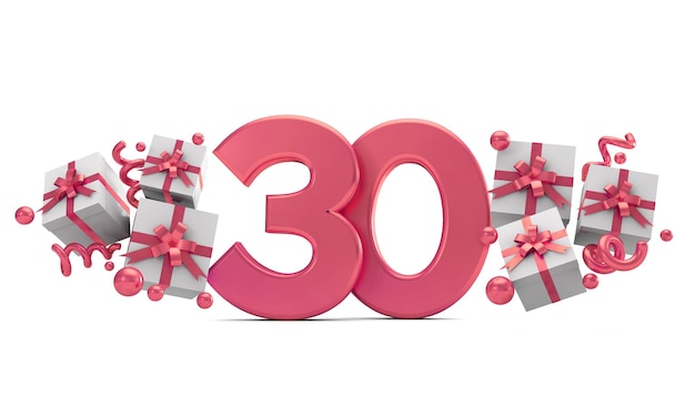 선물 상자가 있는 30번 분홍색 생일 축하 번호 3D 렌더링