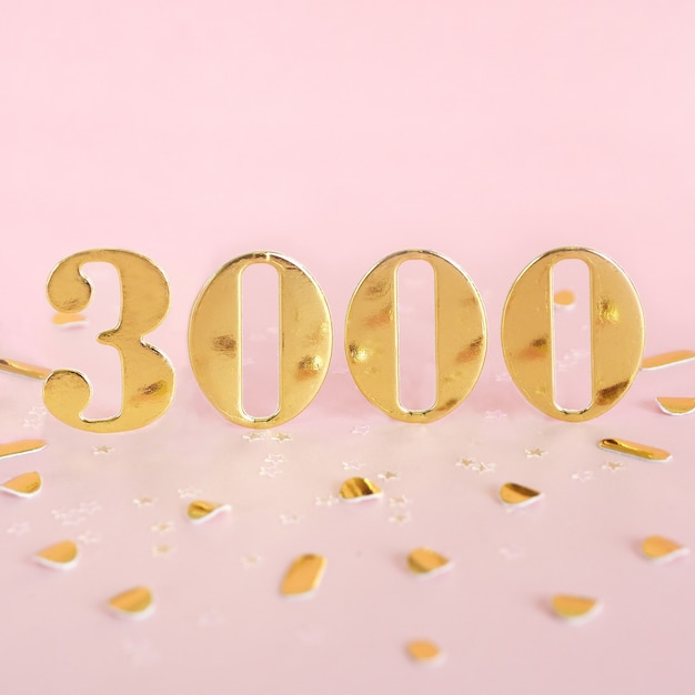 The number 3000 in golden numbers banner and golden confetti