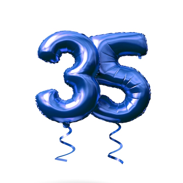 Number 35 blue foil helium balloon isolated on a white background 3D Render