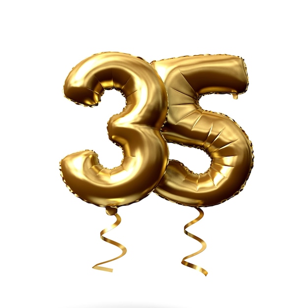 Number 35 gold foil helium balloon isolated on a white background 3D Render