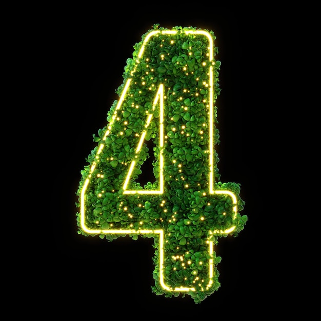 Number 4 Alphabet Green plant neon glowing number isolated with Clipping Path 3d illustration leaves grass moss basil mint