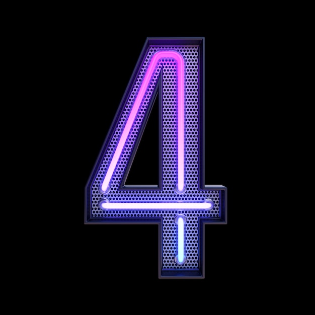 Number 4, Alphabet. Neon retro 3d number isolated on a black background with Clipping Path. 3d illustration.