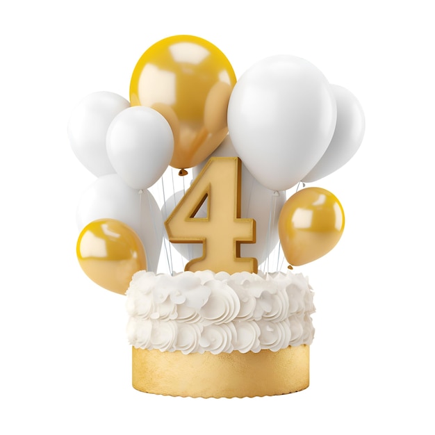 Number 4 birthday cake with balloons and cake 3D Rendering