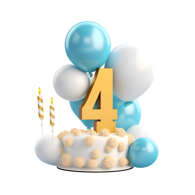 Number 4 birthday cake with candles and balloons3D rendering isolated on white background