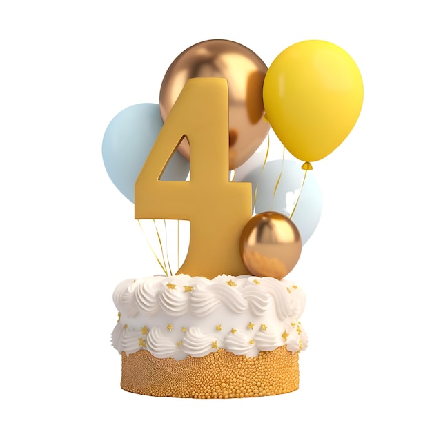 Foto torta di celebrazione numero 4 con palloncini e torta rendering 3d isolata su sfondo bianco