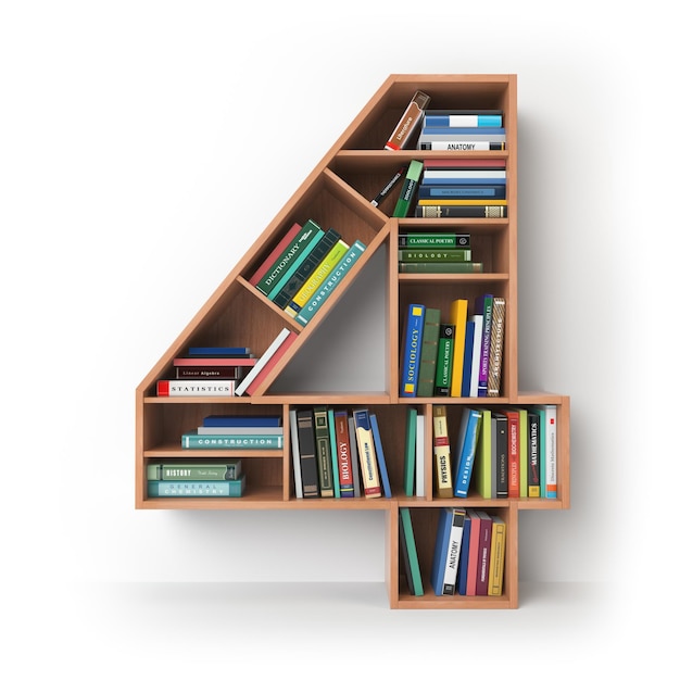 Number 4 four Alphabet in the form of shelves with books isolated on white