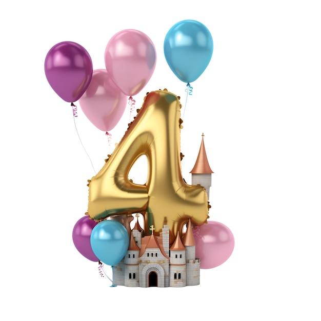 Number 4 gold birthday celebration balloon with castle 3D Rendering
