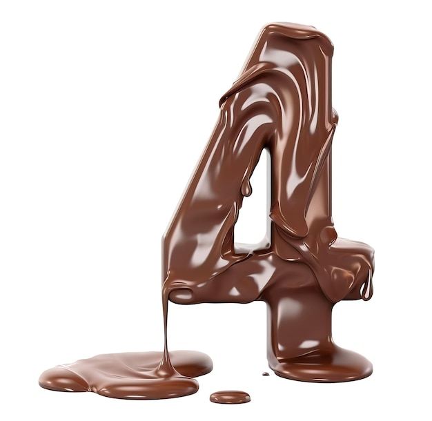 Number 4 made of melting chocolate over white background Generative AI illustration