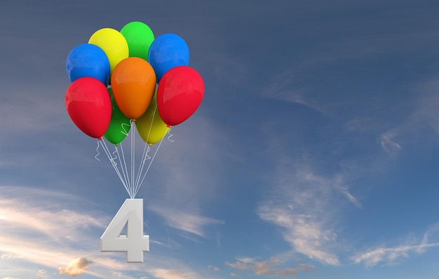 Number 4 party celebration Number attached to a bunch of balloons 3D Rendering