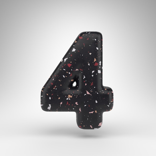 Number 4 on white background. 3D rendered number with black terrazzo pattern texture.
