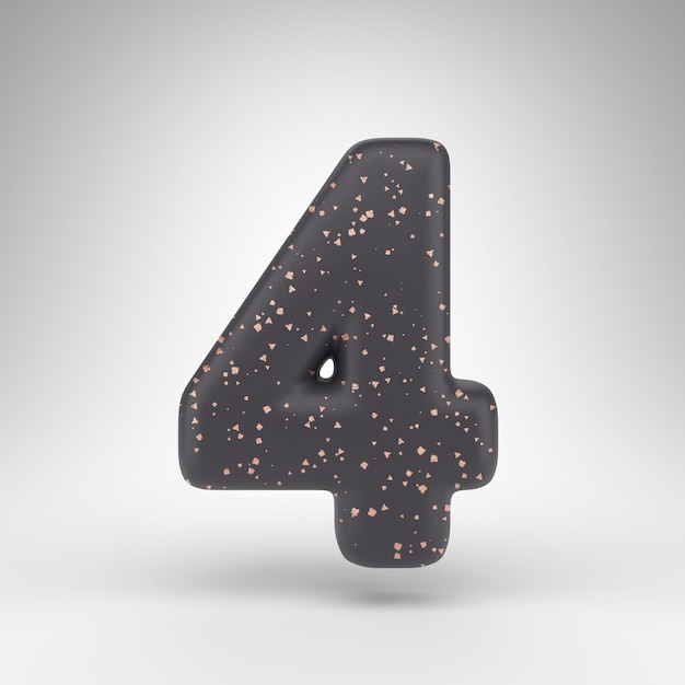 Number 4 on white background. Black matte 3D rendered number with copper dots texture.