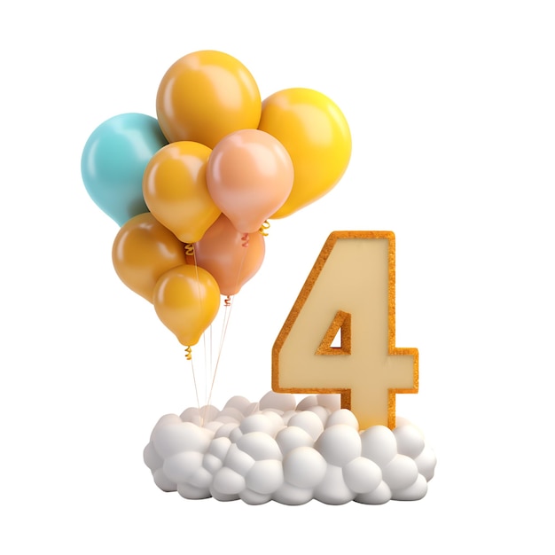 Number 4 with balloons and confetti isolated on white background 3d illustration